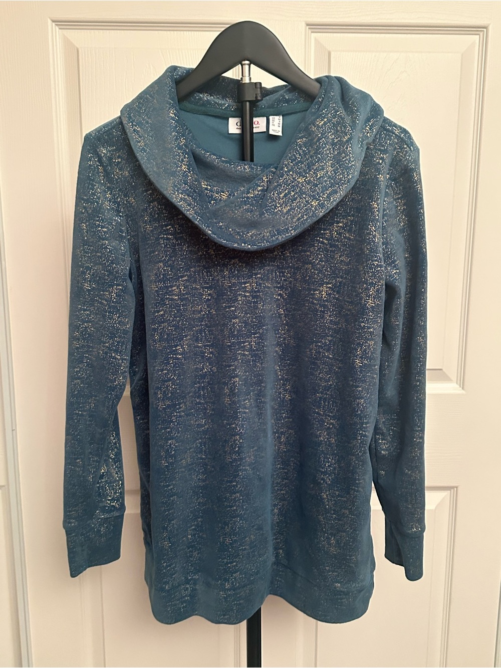 Denim & Co. Teal Gold Metallic Cowl Neck Top
